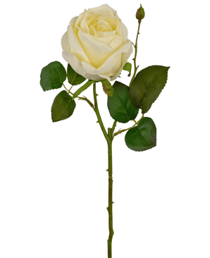 La Rose Artificielle Deluxe 45 cm blanche est une rose artificielle blanche simple avec des feuilles vertes et un petit bouton sur une longue tige, sur un fond blanc uni.