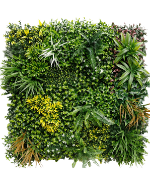 La haie artificielle Eternity 100x100 cm UV présente un panneau carré de diverses plantes vertes, dont des fougères, du lierre et un feuillage luxuriant, créant un jardin vertical intérieur ou extérieur dense sur un fond blanc.