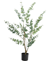 La Plante Artificielle Eucalyptus 150 cm est un grand eucalyptus artificiel en pot avec de longues branches fines et des feuilles rondes vert argenté, sur un fond uni blanc.