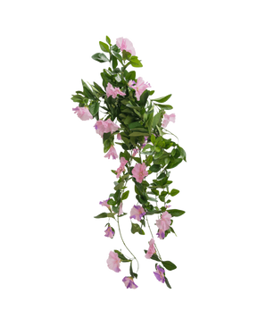 La plante artificielle suspendue Pétunia 70 cm présente des feuilles vertes et des fleurs violettes en forme de trompette sur un fond uni blanc.