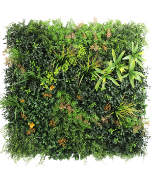 La haie artificielle Marisa 100x100 cm UV est un mur végétal carré et luxuriant avec des plantes à feuillage mixte, des fougères, des accents jaune-vert et des feuilles brunâtres éparses sur un fond blanc uni.