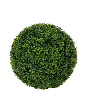 Vue de dessus de la Plante Artificielle Buxus style romain UV D40cm, un arbuste artificiel sphérique soigneusement taillé avec des feuilles vertes denses sur un fond blanc uni.
