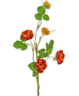 Une seule rose artificielle se branche de 90 cm avec plusieurs roses artificielles rouges avec des feuilles vertes sur un fond blanc uni.