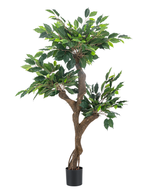 La Plante Artificielle Ficus Crazy 120 cm est un grand arbre artificiel en pot avec de multiples troncs bruns et des feuilles vertes denses, représenté sur un fond blanc uni.