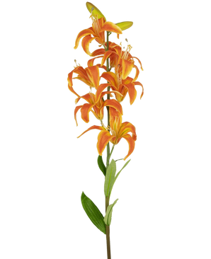 La fleur artificielle Lys Martagon 78 cm orange a une seule tige avec de multiples fleurs de lys orange vif et des feuilles vertes, sur un fond blanc uni.