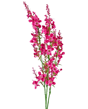 La fleur artificielle Cataire 75 cm rose a une tige de fleurs artificielles rose vif avec des feuilles vertes, isolées sur un fond blanc.