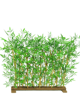 Het Kunstplant Bamboescherm UV 70x120 cm heeft levensechte groene bladeren en natuurlijke bamboestengels in een rechthoekige houten basis, perfect als decoratief scherm.