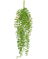 La plante artificielle suspendue Pumila 89 cm présente de petites feuilles vertes ovales sur plusieurs tiges pendantes, sur un fond blanc uni.