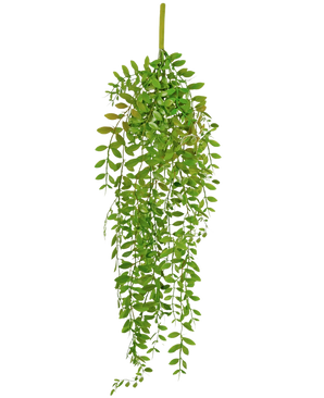 La plante artificielle suspendue Pumila 89 cm présente de petites feuilles vertes ovales sur plusieurs tiges pendantes, sur un fond blanc uni.