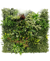 La Haie Artificielle Prestiage 100x100 cm UV est un panneau de jardin vertical dense avec diverses plantes vertes et feuillages disposés en carré, avec différentes formes, tailles et nuances de vert.