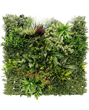La Haie Artificielle Prestiage 100x100 cm UV est un panneau de jardin vertical dense avec diverses plantes vertes et feuillages disposés en carré, avec différentes formes, tailles et nuances de vert.