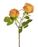 De Kunstroos Deluxe 55 cm perzik heeft twee perzikkleurige kunstrozen op één steel met groene bladeren, ideaal voor bloemdecoratie of als elegante zijde kunstbloemen.