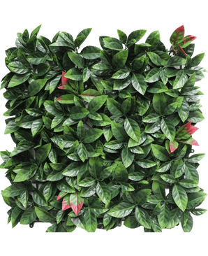 La Haie Artificielle Photonia rouge 50x50 cm UV est un panneau de haie artificielle carrée aux feuilles vertes denses avec des grappes éparses teintées de rouge, le tout présenté sur un fond blanc.