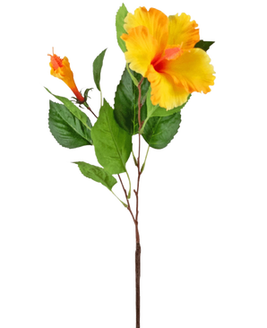 La fleur artificielle Hibiscus 64 cm jaune a une seule tige avec des fleurs d'hibiscus jaune vif et des feuilles vertes, représentées sur un fond blanc.