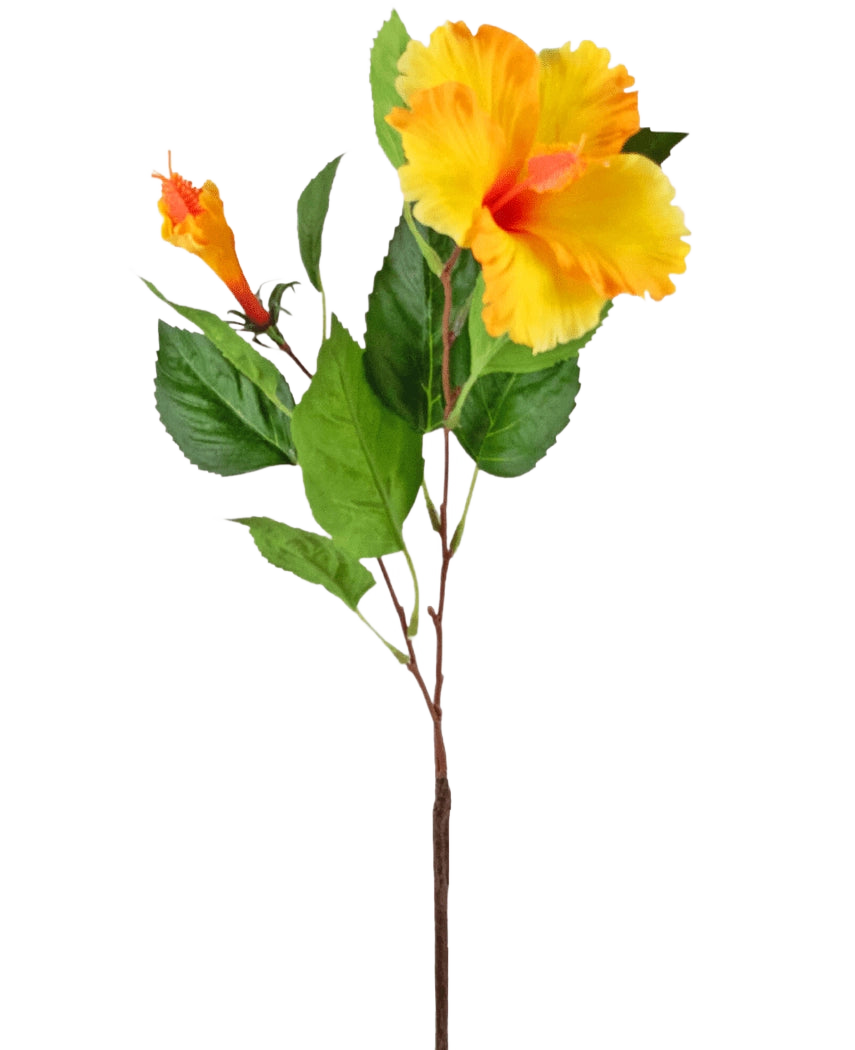 La fleur artificielle Hibiscus 64 cm jaune a une seule tige avec des fleurs d'hibiscus jaune vif et des feuilles vertes, représentées sur un fond blanc.