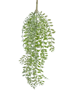 La plante artificielle suspendue Pumila/Eucalyptus 76 cm a des feuilles vertes étroites et des tiges fines qui tombent sur un fond blanc uni.