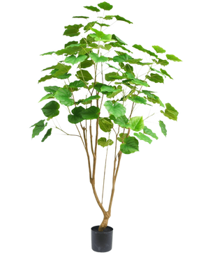 La plante artificielle Ficus 180 cm est une grande plante d'intérieur en pot avec plusieurs fines tiges brunes et de grandes feuilles vertes, représentées sur un fond blanc uni.