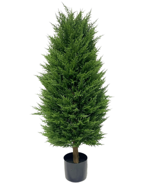 La Plante Artificielle Conifer deluxe UV 100 cm est une petite plante artificielle en pot aux feuilles denses et vert vif et de forme conique, parfaite pour un jardin sans entretien, présentée sur un fond blanc uni.