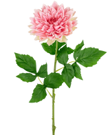 De Kunst Georgine Real Touch Roze 70cm heeft een enkele roze dahlia met gelaagde bloemblaadjes, een lange groene steel en verschillende bladeren, tegen een effen witte achtergrond.