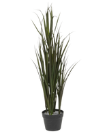 Le Gazon Artificiel Bordeaux UV 90 cm est une graminée ornementale haute et verte aux feuilles longues et fines dans un pot en plastique noir, sur un fond blanc uni.