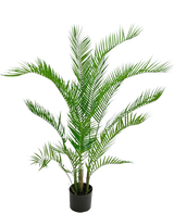 La Plante Artificielle Chamaedorea 120 cm est un palmier artificiel aux feuilles vertes longues et fines dans un pot rond noir, sur un fond blanc uni.