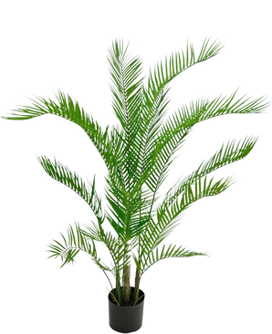 La Plante Artificielle Chamaedorea 120 cm est un palmier artificiel aux feuilles vertes longues et fines dans un pot rond noir, sur un fond blanc uni.