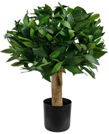 La plante Laurier Artificiel UV d30 cm est un arbre artificiel compact aux feuilles vertes denses et au tronc brun épais, dans un pot simple noir, sur un fond uni blanc.