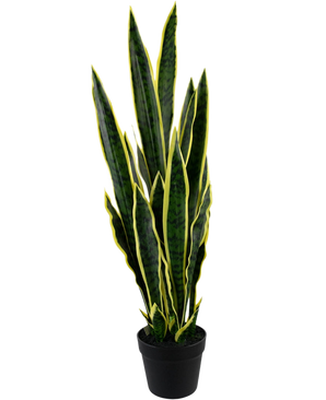 La plante artificielle Sansevieria Laurentii 92 cm en pot décoratif présente de hautes feuilles dressées vertes aux bords jaunes, sur un fond uni blanc.