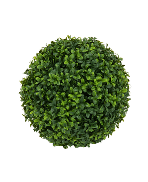 Vue de dessus de la Plante Artificielle Buis Style Romain UV D30cm, une boule de buis artificiel ronde et dense aux feuilles vertes, sur un fond blanc uni.
