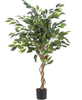 La Plante Artificielle Ficus Vert 120 cm possède des feuilles vertes et une tige torsadée, dans un petit pot noir sur un fond uni blanc.