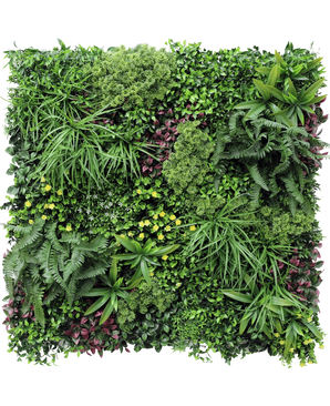 La Haie Artificielle Wonderland 100x100 cm UV est un jardin vertical carré avec un mélange dense de feuilles vertes et violettes, de fougères et de petites fleurs jaunes dans un agencement luxuriant et structuré.
