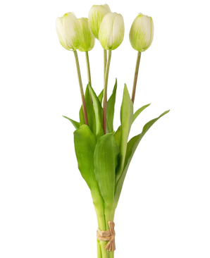 Het Kunsttulpenboeket Real Touch Groen/wit 40cm heeft vijf levensechte witte tulpen met groene stengels en bladeren, samengebonden met touw, tegen een eenvoudige witte achtergrond.