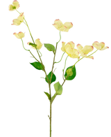 Het Kunstkornoelje Real Touch Lichtgeel 74cm heeft een enkele steel met groene bladeren en verschillende lichtgele kornoeljebloemen met roze getipte bloemblaadjes, tegen een effen witte achtergrond.
