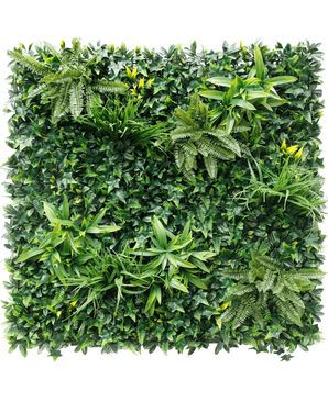 La Haie Artificielle Volta 100x100 cm UV est un mur végétal carré au feuillage artificiel dense, avec diverses plantes à feuillage comme des fougères et des petites fleurs jaunes, disposées sur un fond luxuriant.
