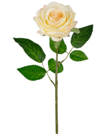 La Rose Artificielle "Emine" Real Touch jaune/crème (43cm) possède une seule rose artificielle jaune clair avec de multiples feuilles vertes sur une longue tige, isolée sur un fond blanc.