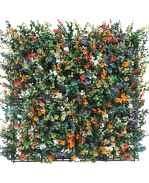 La Haie Artificielle Buis multicolore 50x50 cm UV est un panneau carré de buis artificiel dense avec de petites feuilles et des bouquets de fleurs orange, blanches, rouges, jaunes, violettes et bleues sur un fond quadrillé en plastique vert.