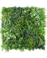 La Haie Artificielle Fraîcheur 100x100 cm UV est un panneau carré densément recouvert de diverses feuilles vertes, avec différentes formes et textures de feuilles pour créer un jardin vertical luxuriant et vibrant sur un fond blanc.