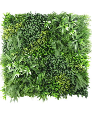 La Haie Artificielle Fraîcheur 100x100 cm UV est un panneau carré densément recouvert de diverses feuilles vertes, avec différentes formes et textures de feuilles pour créer un jardin vertical luxuriant et vibrant sur un fond blanc.
