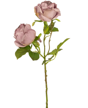 Une seule rose artificielle Deluxe de 55 cm à tige violette avec deux roses mauves poussiéreuses et des feuilles vertes, sur un fond blanc uni.
