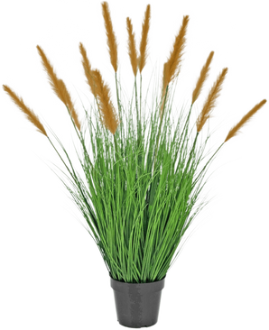 Le gazon artificiel d'autruche de 100 cm ignifuge se présente dans un pot noir avec de hautes feuilles ressemblant à de l'herbe et de longues plumes brunes, qui ajoutent une décoration verte sur un fond blanc uni.