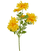 Une seule fleur artificielle orange Dahlia de 60 cm avec des feuilles vertes sur fond blanc.