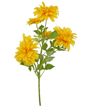 Une seule fleur artificielle orange Dahlia de 60 cm avec des feuilles vertes sur fond blanc.