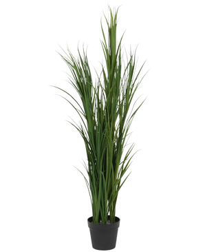 Le gazon artificiel vert UV 150 cm est un gazon artificiel de grande taille avec de longues feuilles vertes fines dans un petit pot noir, représenté sur un fond blanc uni.