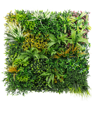 La haie artificielle Sherry 100x100 cm UV est un panneau de jardin vertical vibrant présentant un éventail de plantes vertes luxuriantes avec un feuillage texturé dans des tons vert, jaune et rouge, le tout sur un fond blanc éclatant.