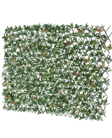 La Haie Artificielle Photonia Extensible 200x100 cm est une clôture rectangulaire extensible avec des feuilles vertes artificielles et des fleurs roses, représentées sur un fond blanc.