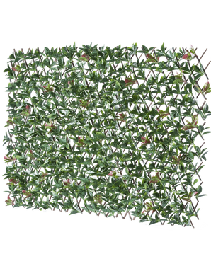 La Haie Artificielle Photonia Extensible 200x100 cm est une clôture rectangulaire extensible avec des feuilles vertes artificielles et des fleurs roses, représentées sur un fond blanc.