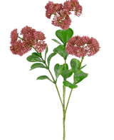 Une branche artificielle de Sedum de 56 cm rose avec des feuilles vertes et des bouquets de petites fleurs rondes et vaporeuses rose-rouge sur fond blanc.