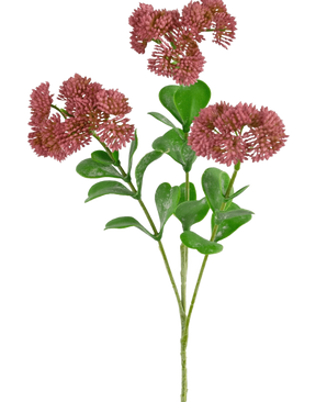 Une branche artificielle de Sedum de 56 cm rose avec des feuilles vertes et des bouquets de petites fleurs rondes et vaporeuses rose-rouge sur fond blanc.
