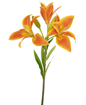 La Fleur Artificielle Lys Asiatique 66 cm orange a une seule tige avec trois lys orange ouverts, un bourgeon non ouvert et des feuilles vertes sur fond clair.