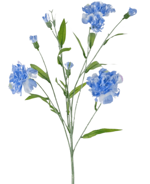 La fleur artificielle bouquet d'oeillets 70 cm bleu a une tige délicate avec plusieurs fleurs d'oeillets bleu clair et des feuilles vertes, sur un fond blanc uni.